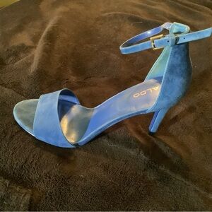 ALDO, Royal blue suede open toe, ankle strap with 4” heel. Sz 9 1/2.